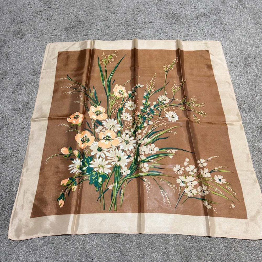 Vintage Floral Square Scarf Brown Beige Peach Cream Silk Feel 26 Inch Neck Scarf